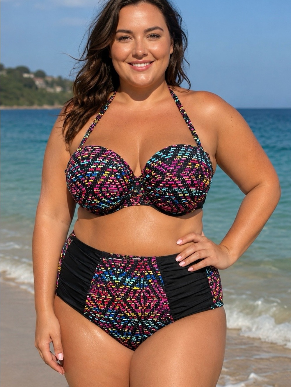 Coral Brand Plus Size Black Multicolor Patterned Halter Bikini Set